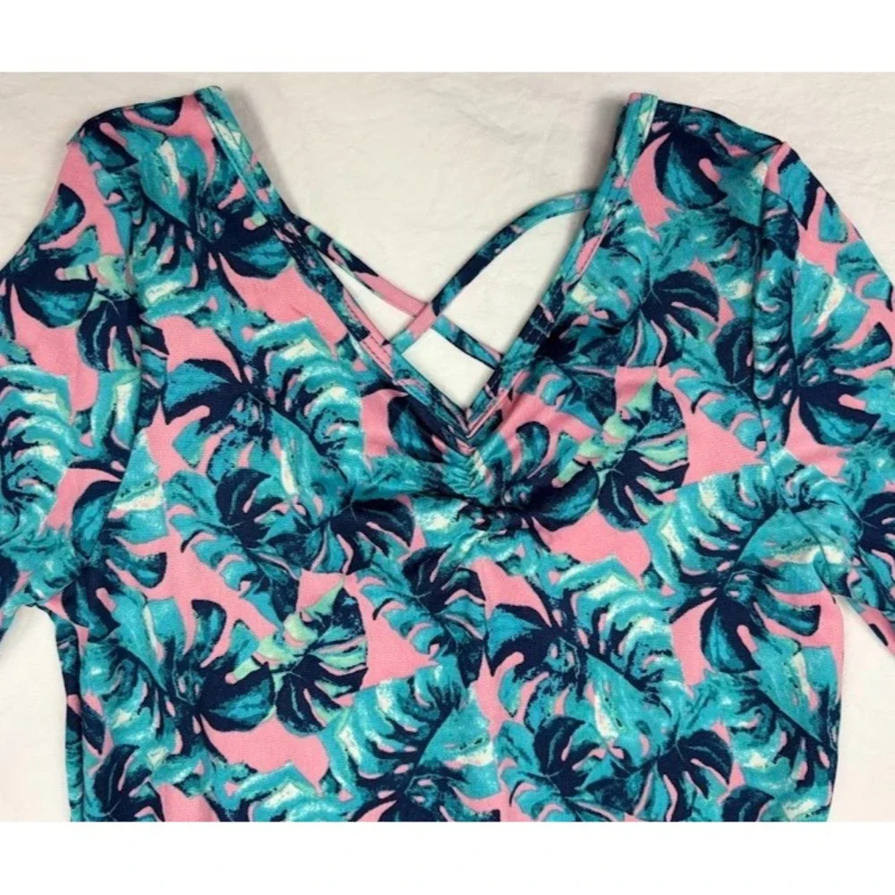 Dot Smile Girls 8‎ 10 Pink Leaves Teal Green Palm Ballerina Twirl Dress Tropical
